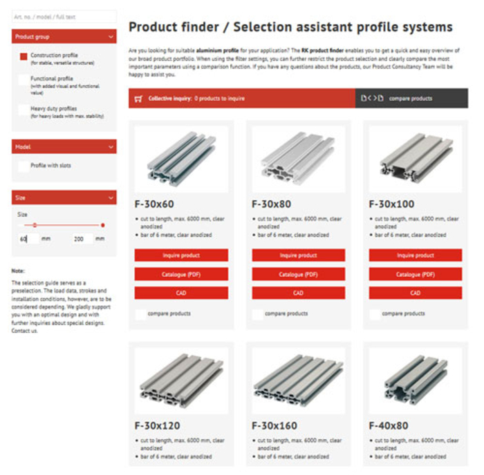 Product finder for aluminium profiles